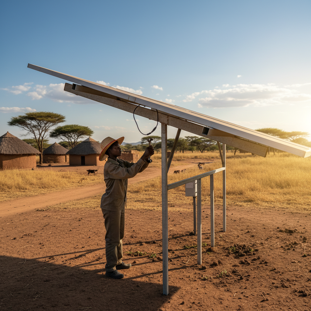 An African person using solar energy panels in a rural setting
